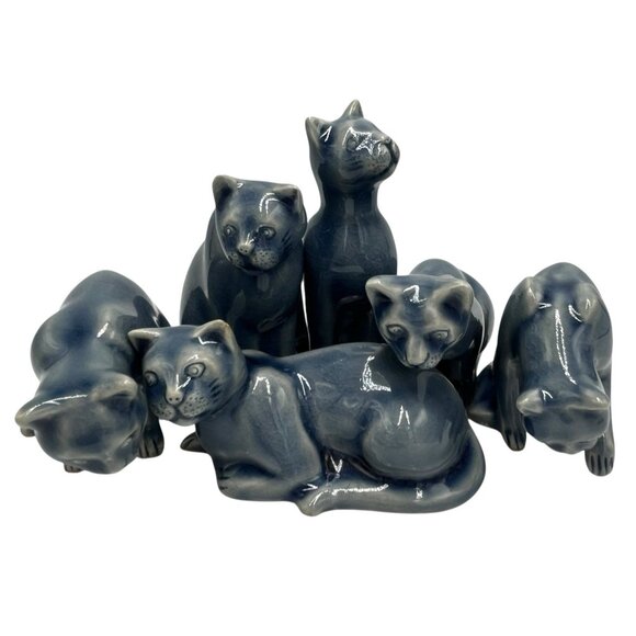 Vintage Thai Celadon Blue Glazed Crackle Ceramic Cat Figurine Lot of 6 Clowder - Picture 3 of 16